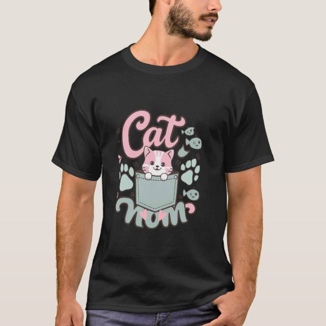 T-shirt Chat mignon dans la poche avec du poisson (Devant)