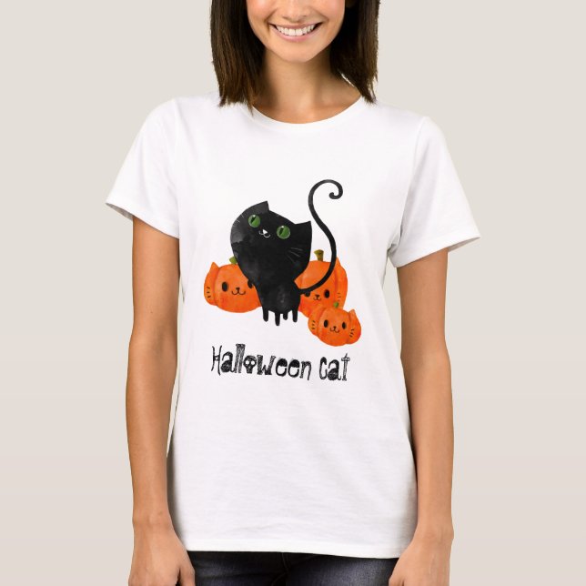 T-shirt Chat mignon de Halloween avec des citrouilles (Devant)
