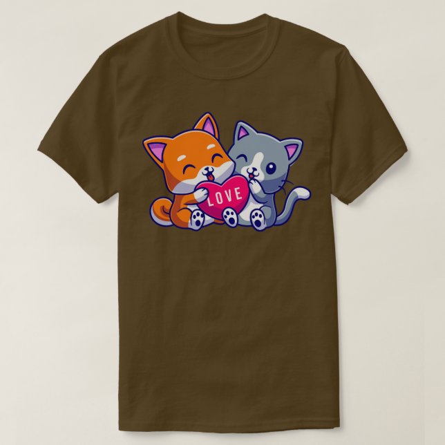 T-shirt Chat mignon et chien mignon tenant Love Cartoon (Design devant)