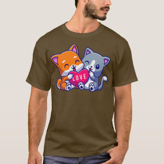 T-shirt Chat mignon et chien mignon tenant Love Cartoon