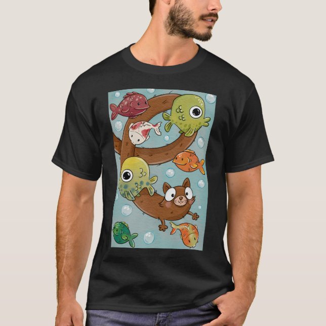 T-shirt Chat mignon et extensible nageant avec des poisson (Devant)
