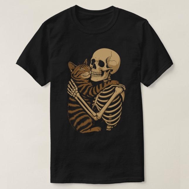 T-shirt Chat mignon et macabre – Squelette et minou  (Design devant)