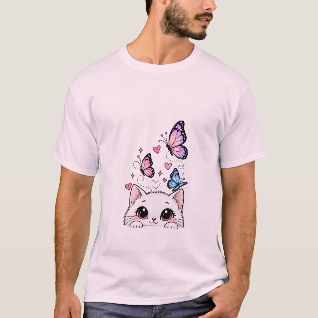 T-Shirt Chat Mignon et Papillon (Devant)