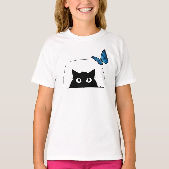 T-shirt Chat mignon et papillon bleu (Devant)