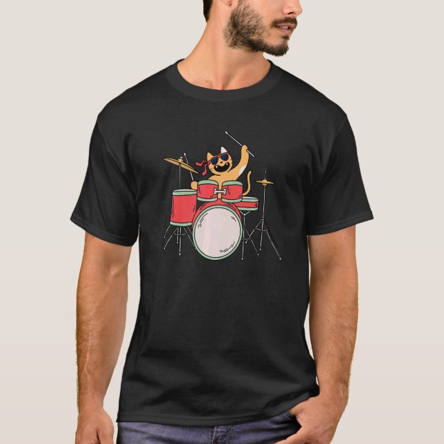 T-shirt Chat Mignon Jouant de la Batterie (Devant)