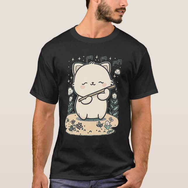 T-shirt Chat Mignon Jouant de la Flûte  Chat Drôle (Devant)