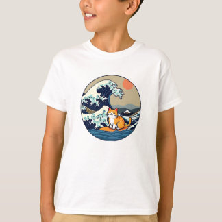 T-shirt Chat Mignon Kawaii Surf Grande Vague Japon drôle