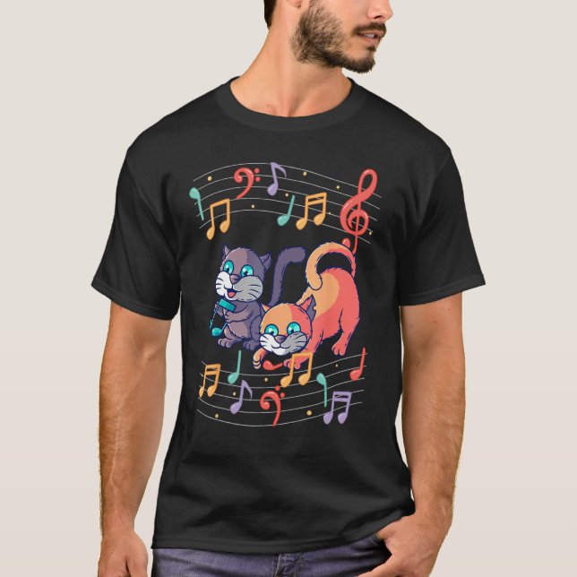 T-shirt Chat Mignon Kitty Joue Note De Musique Clé De Sol  (Devant)