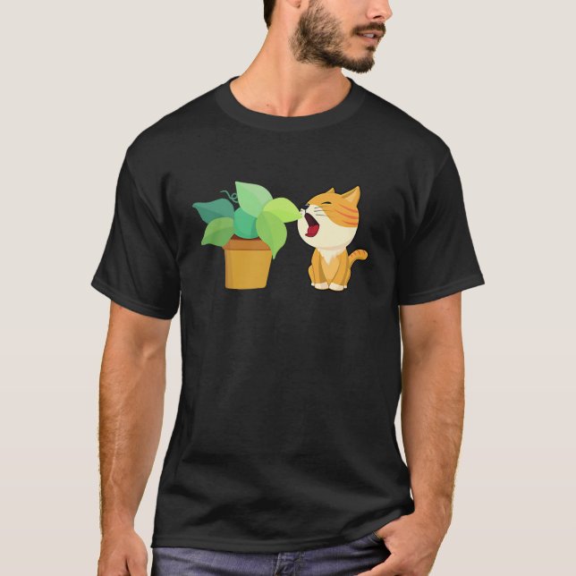 T-shirt Chat Mignon Mangant une Plante (Devant)