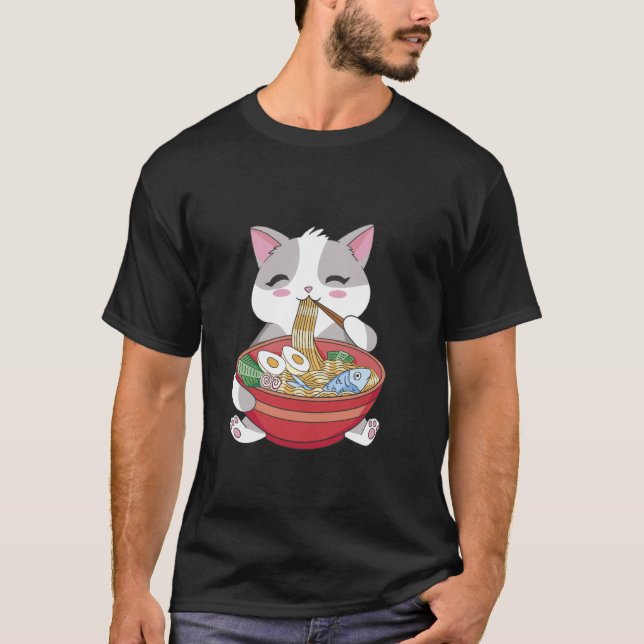 T-shirt Chat mignon mangeant des nouilles Ramen (Devant)