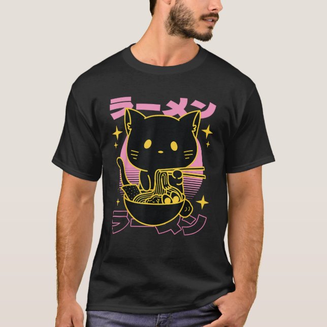 T-shirt Chat mignon mangeant des nouilles Ramen Anime Neko (Devant)