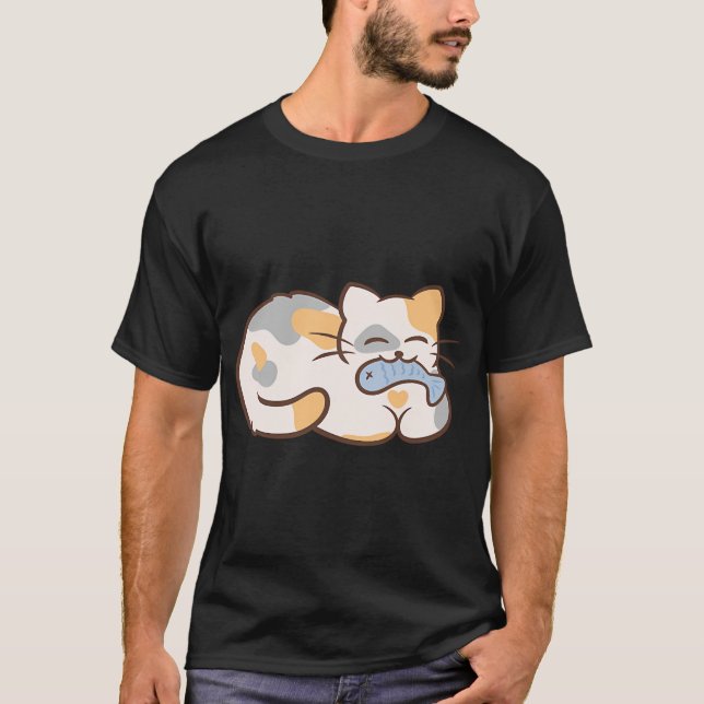 T-shirt chat mignon mangeant du poisson (Devant)