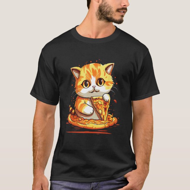 T-shirt Chat mignon mangeant une pizza au fromage (Devant)