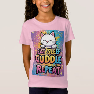T-Shirt Chat Mignon Manger Dormir Câliner Répéter Pour Enf