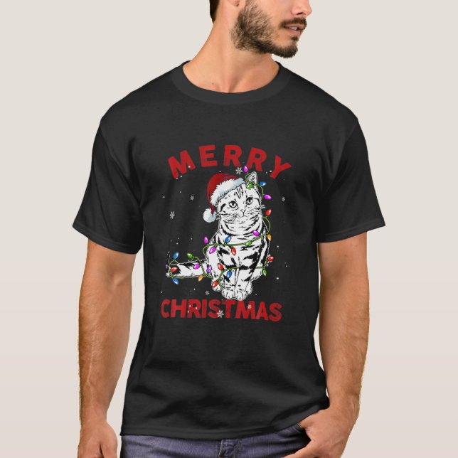 T-shirt Chat mignon Santa Chapeau lumières de Noël Drôle C (Devant)