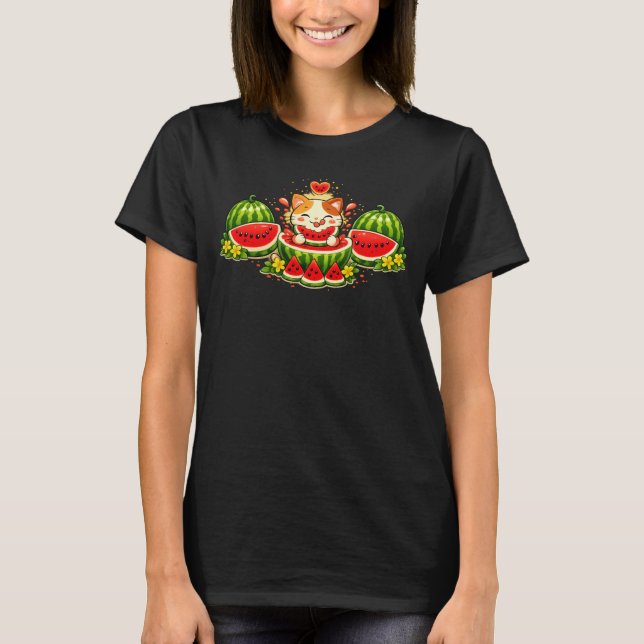 T-shirt Chat mignon souriant avec pastèque (Devant)