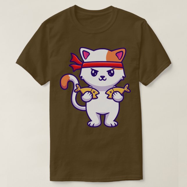 T-shirt Chat mignon tenant un poisson 1 (Design devant)