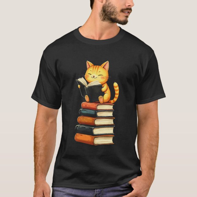 T-shirt Chat Mignon Thème de Récit de Lecture de Livres (Devant)