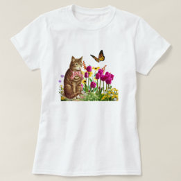 T-shirt Chat mignonne en Jardin Fleur avec Papillon