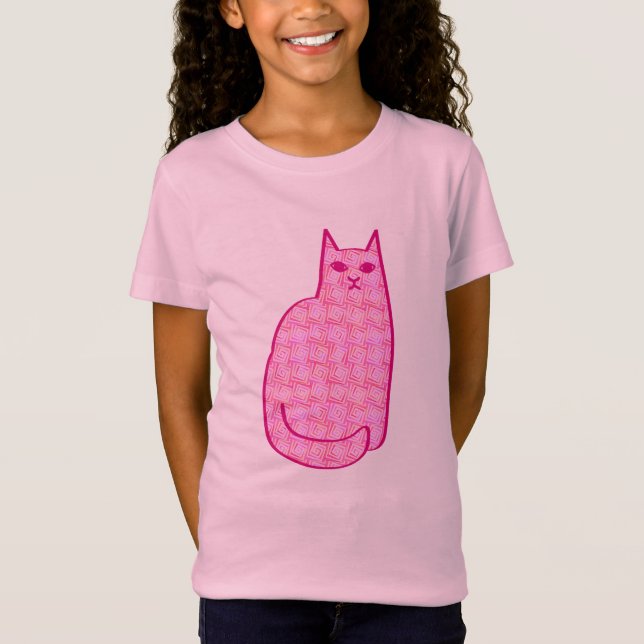 T-Shirt Chat moderne du milieu du siècle, Fuchsia et rose  (Devant)