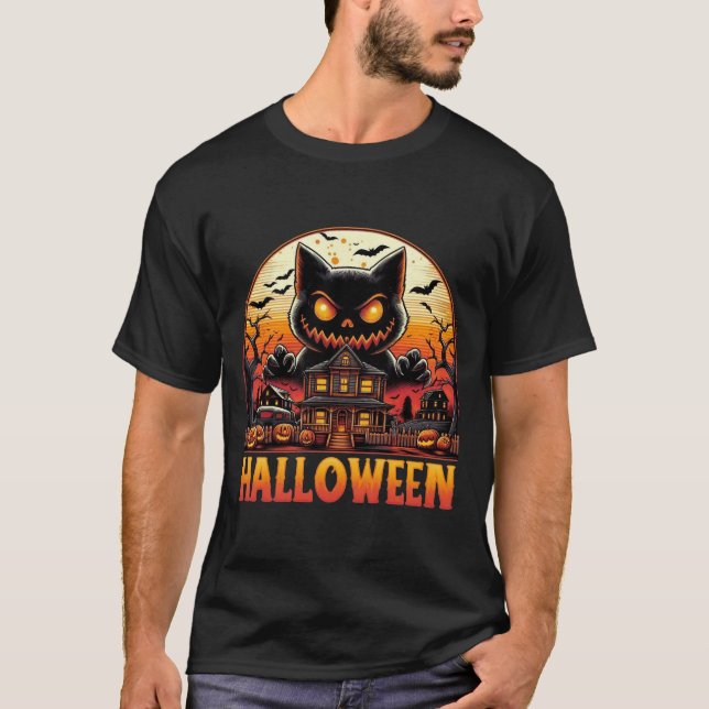 T-shirt Chat Monster éffrayant Haunted Maison Halloween (Devant)