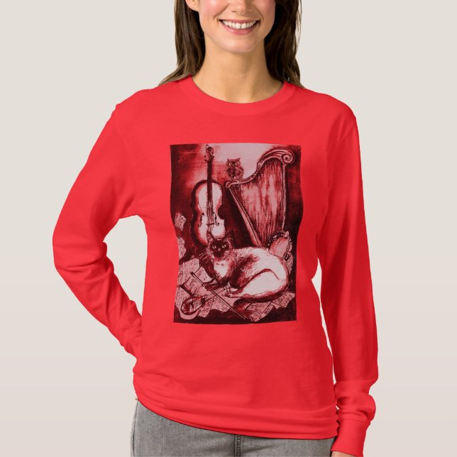 T-shirt CHAT MUSICAL AVEC OWL, Rouge, Blanc (Devant)