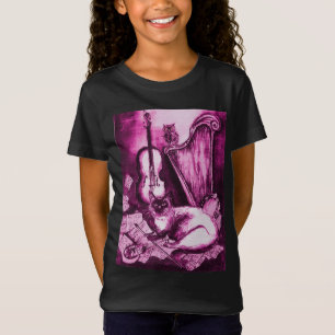 T-Shirt CHAT MUSICAL ET OWL rose Fuchsia violet blanc