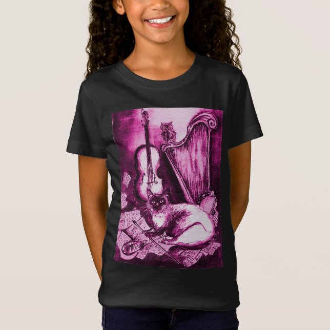 T-Shirt CHAT MUSICAL ET OWL rose Fuchsia violet blanc (Devant)