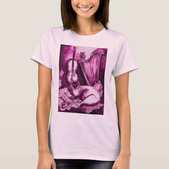 T-shirt CHAT MUSICAL, Violet rose et blanc (Devant)