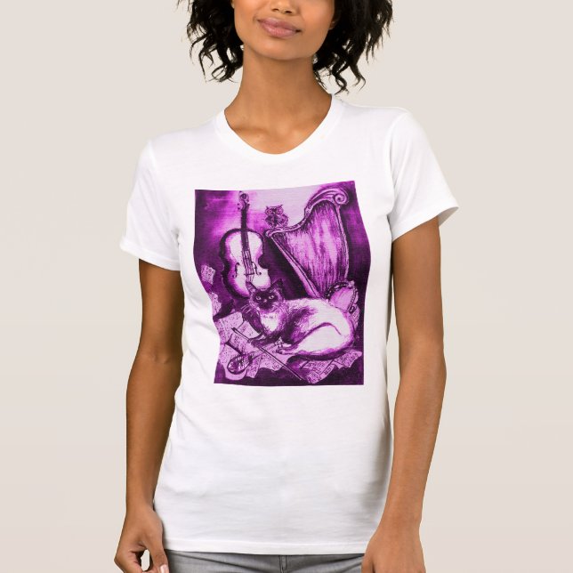 T-shirt CHAT MUSICAL, Violet violet et blanc (Devant)