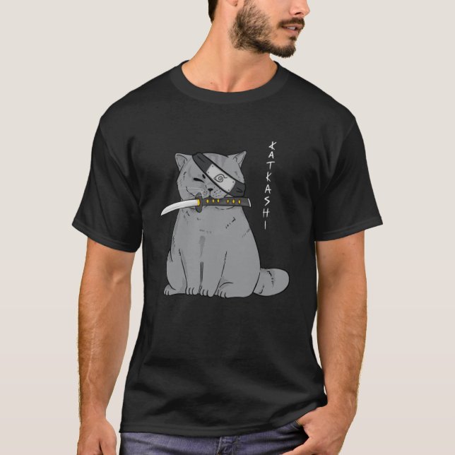 T-shirt Chat Ninja avec épée Samurai dans la bouche (Devant)