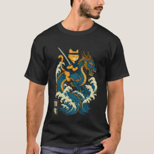 T-shirt Chat Ninja Rétro Chevauchant un Dragon Japonais Uk