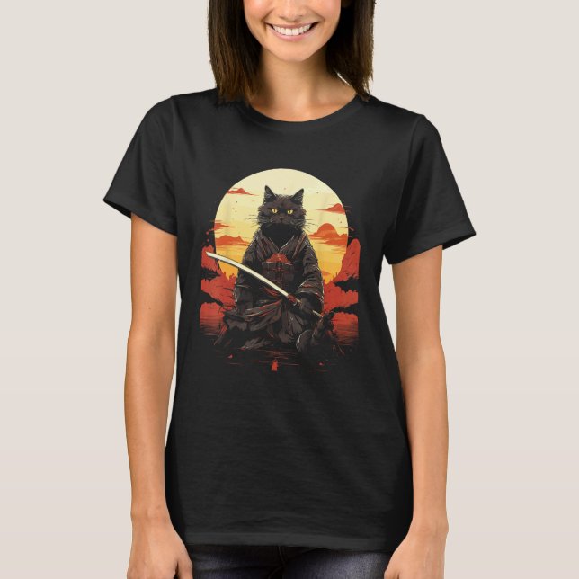 T-shirt Chat Ninja Samouraï Épée Guerrier Miaou (Devant)