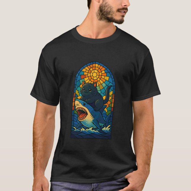 T-shirt Chat Noir à Cheval sur un Requin Vitrail (Devant)