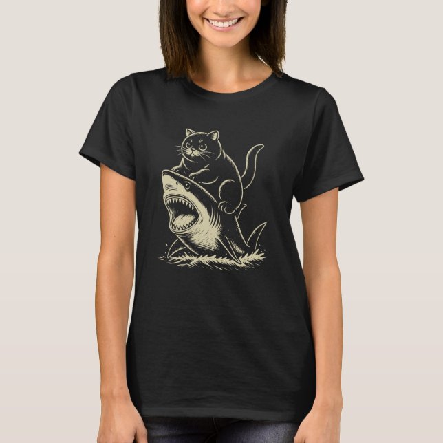 T-shirt Chat Noir à Vélo sur un Requin (Devant)