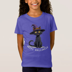 T-Shirt Chat Noir Adorable Portant un Chapeau de Sorcière