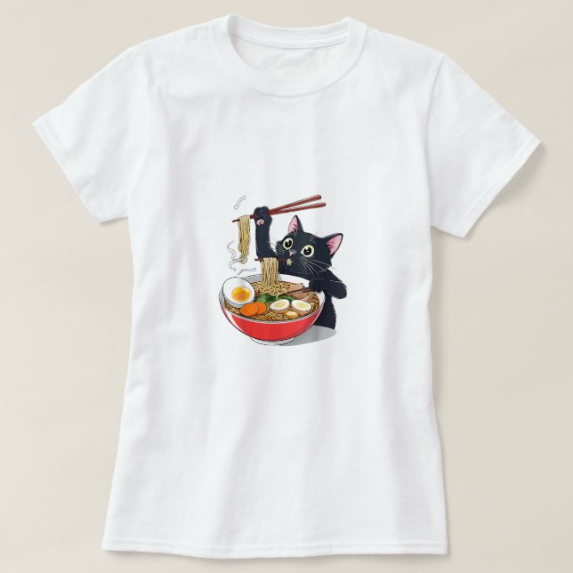 T-shirt "Chat noir affamé avec Ramen" (Design devant)