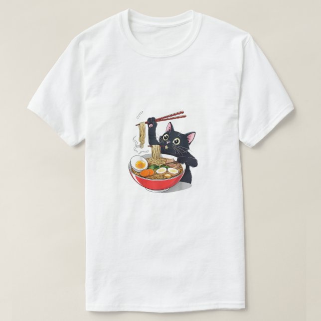 T-shirt "Chat noir affamé avec Ramen" (Design devant)
