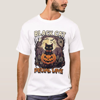 T-shirt Chat Noir Amour Spécial Halloween Citrouille Plein