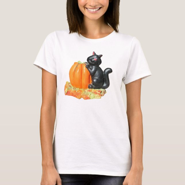 T-shirt Chat noir appuyé sur un Citrouille (Devant)