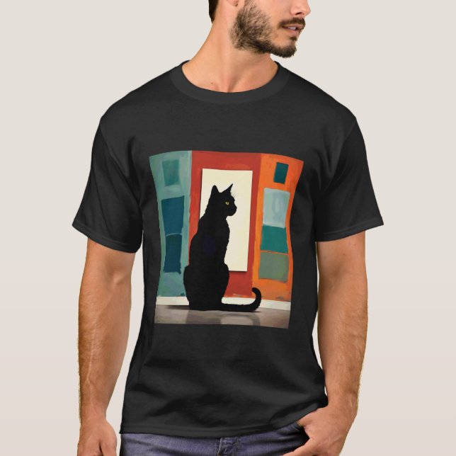 T-shirt Chat noir assis devant une image artistique 1 -  (Devant)