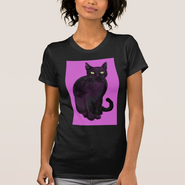 T-shirt Chat noir avec arrière - plan fuchsia (Devant)