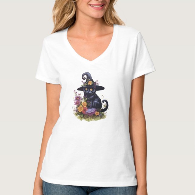 T-shirt chat noir avec cowboy casquette avec fleurs (Devant)