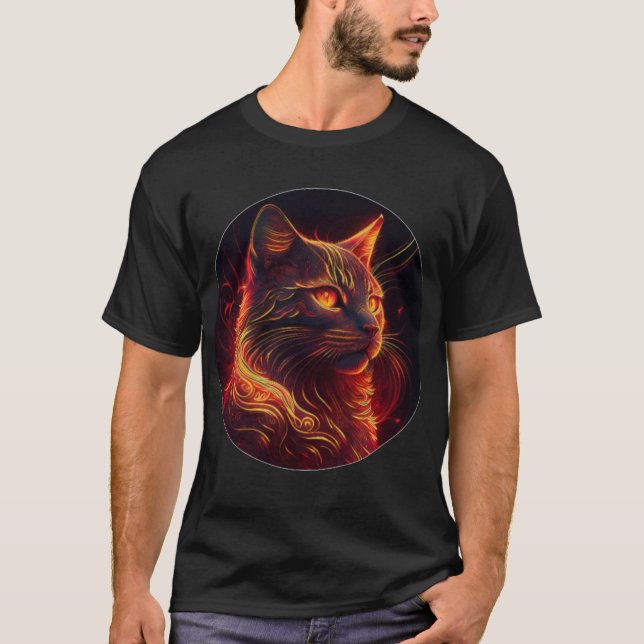 T-shirt Chat noir avec feu rouge et or Aura (Devant)