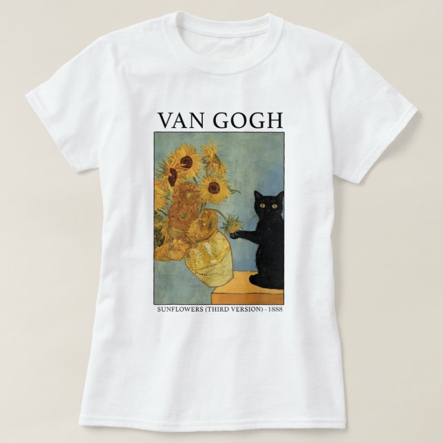 T-shirt Chat Noir Avec Fleurs De Soleil Van Gogh Art (Design devant)
