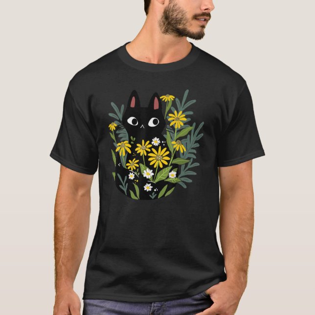 T-shirt Chat Noir Avec Fleurs Faisy Jardin Faisy Chat Folk (Devant)