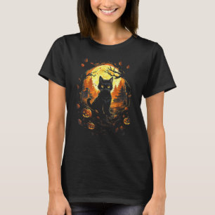T-shirt Chat Noir Avec Jackolantern et Pleine Lune - Hallo