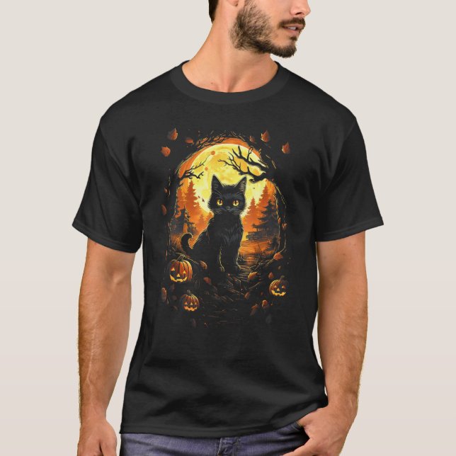 T-shirt Chat noir avec Jackolantern et pleine lune - Hallo (Devant)