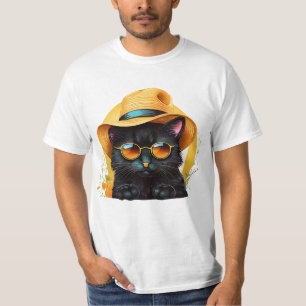 T-shirt chat noir avec lunettes de soleil et casquette, dr
