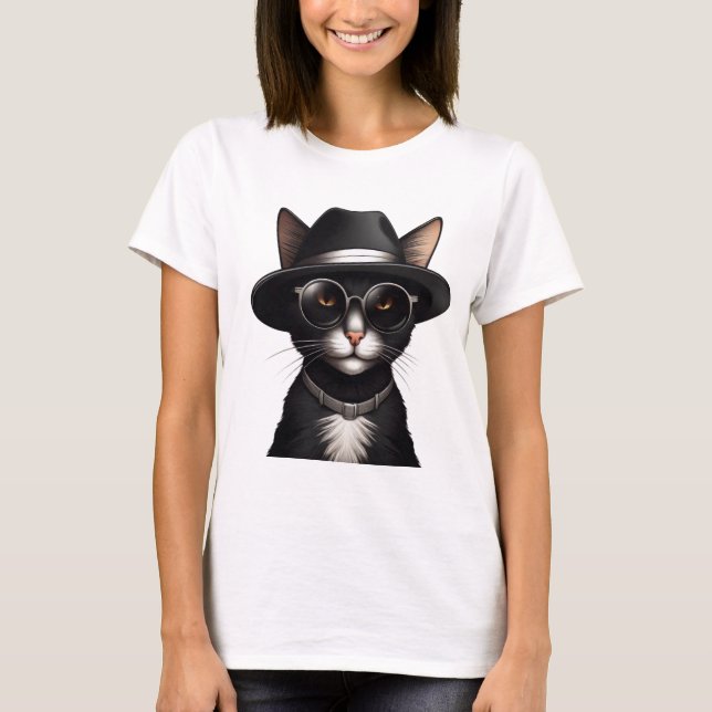 T-shirt chat noir avec lunettes de soleil et casquette, dr (Devant)